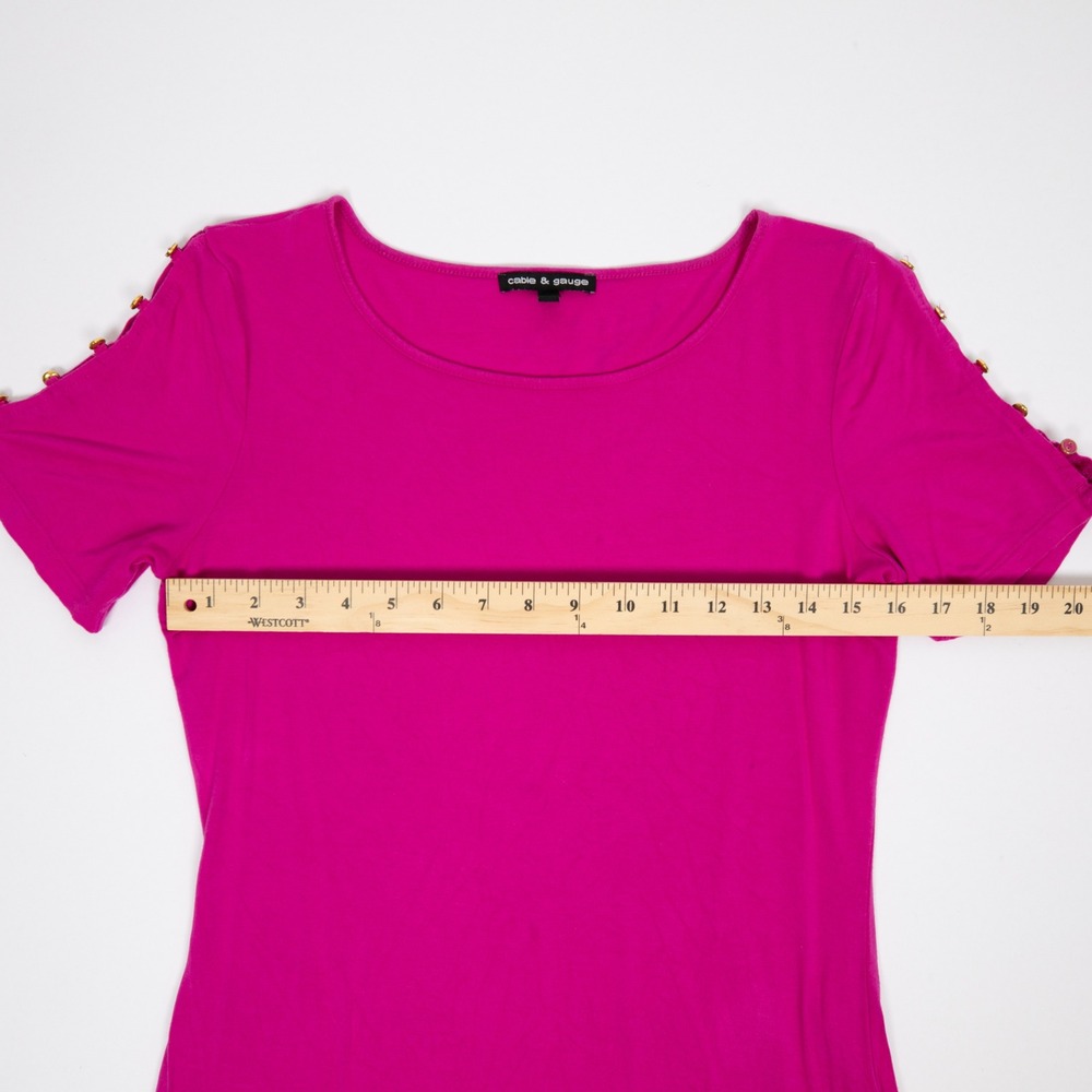 Cable & Gauge Button Sleeve Top Crew Neck Knit Tee Shirt Fuchsia M - Picture 9 of 12